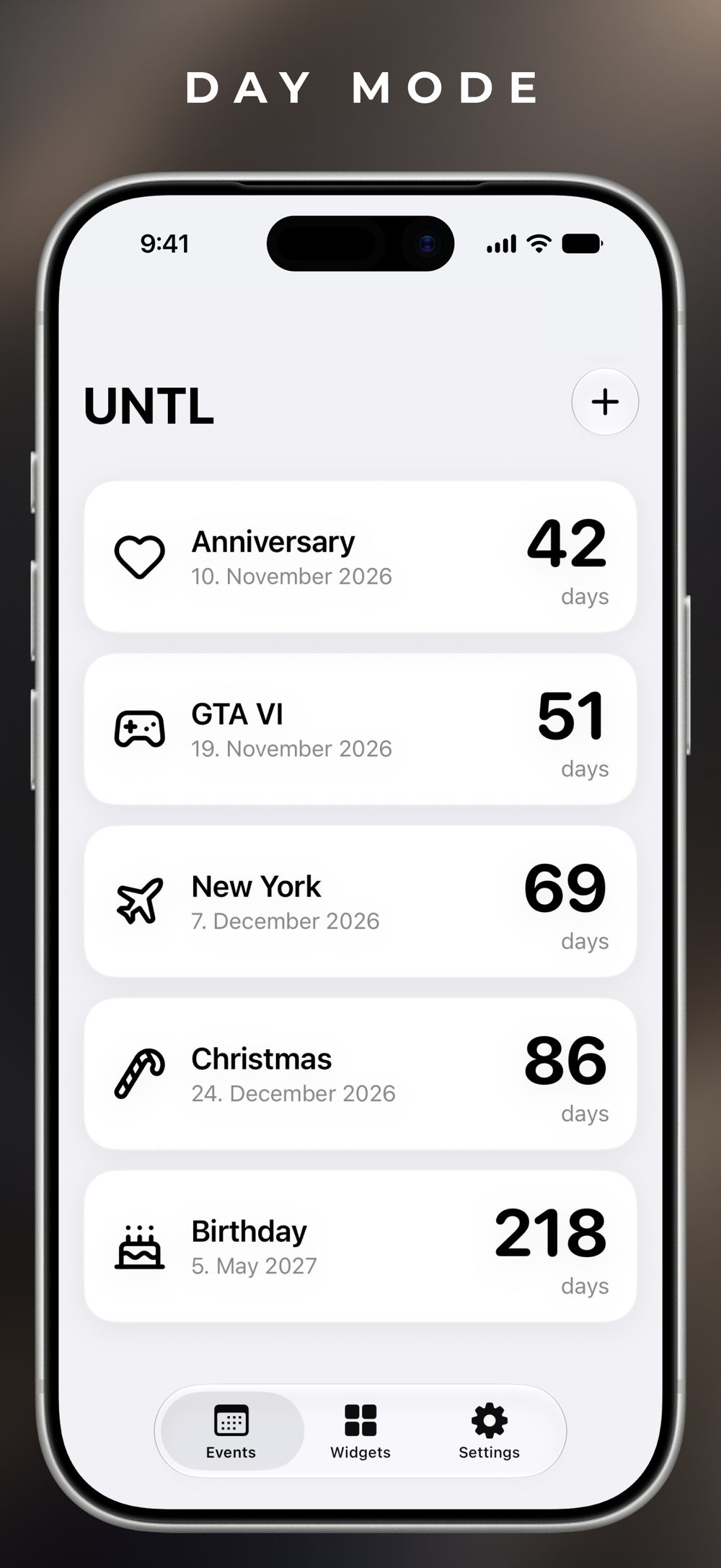 UNTL in day mode. Five countdowns: an anniversary in 42 days, GTA VI in 51, New York in 69, Christmas in 86, and a birthday in 218.