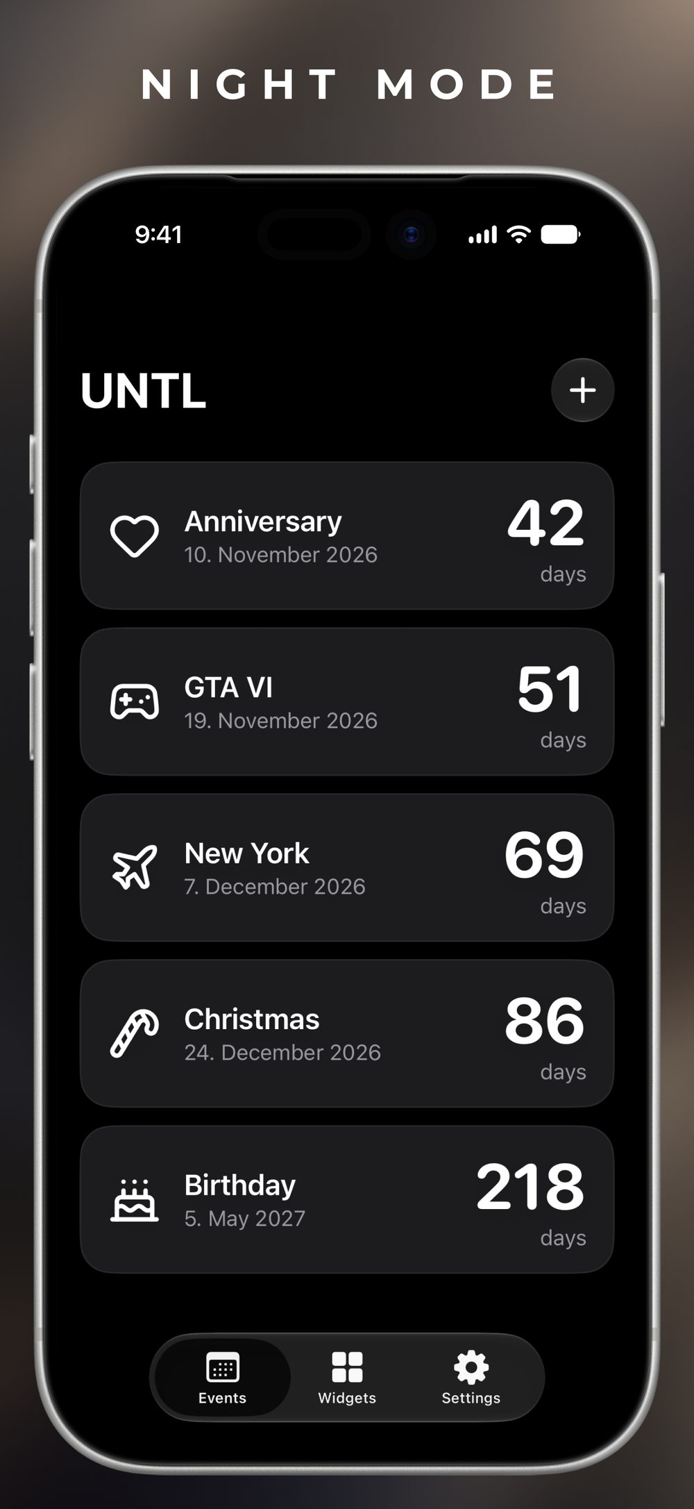 UNTL in night mode, with the same five countdowns on a dark background.