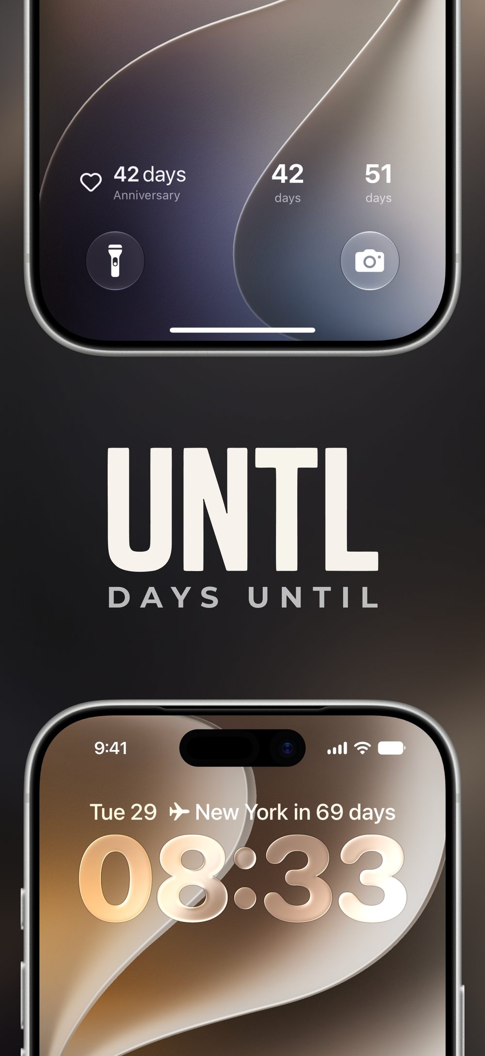 UNTL on the Lock Screen, counting the days until a trip to New York, with two smaller widgets beside it.