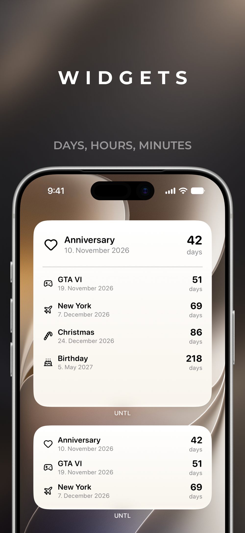 A light widget list of five countdowns with icons, dates, and days remaining.