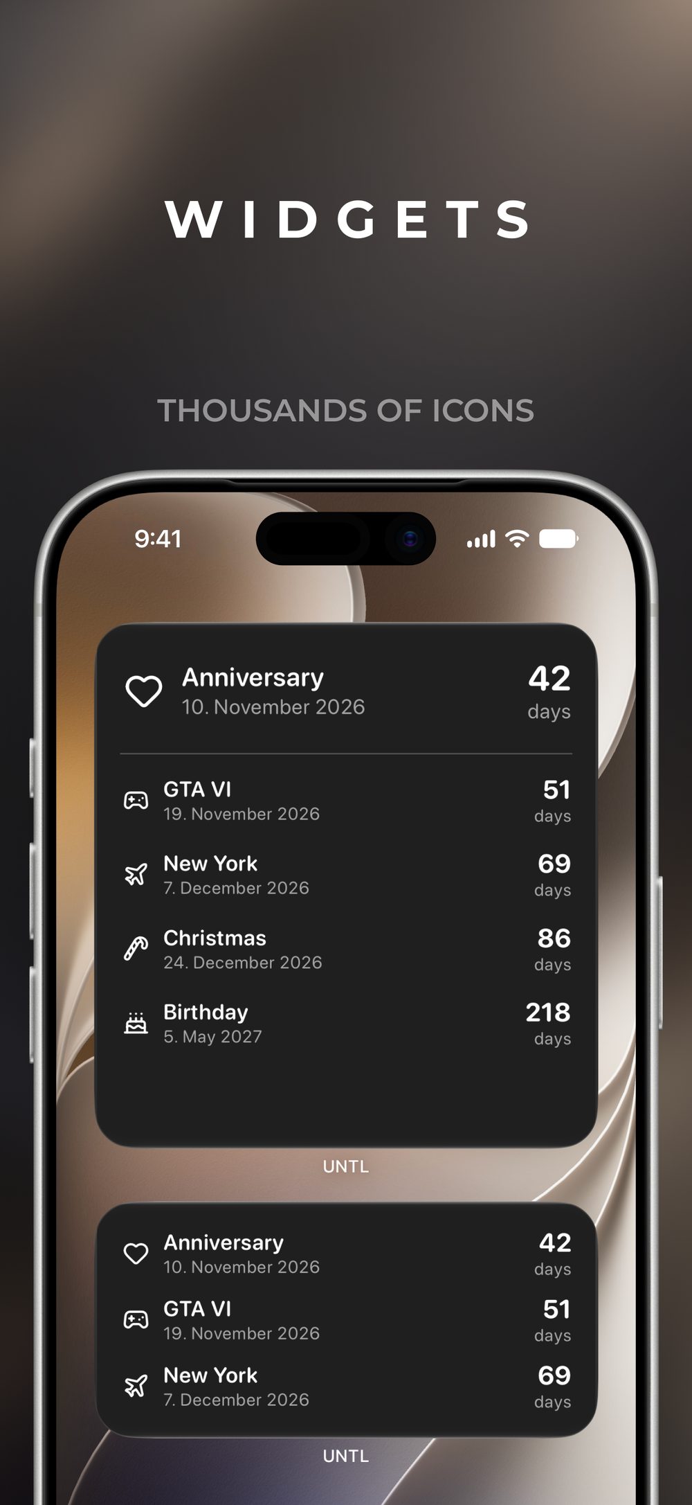 A dark widget list of the same countdowns.
