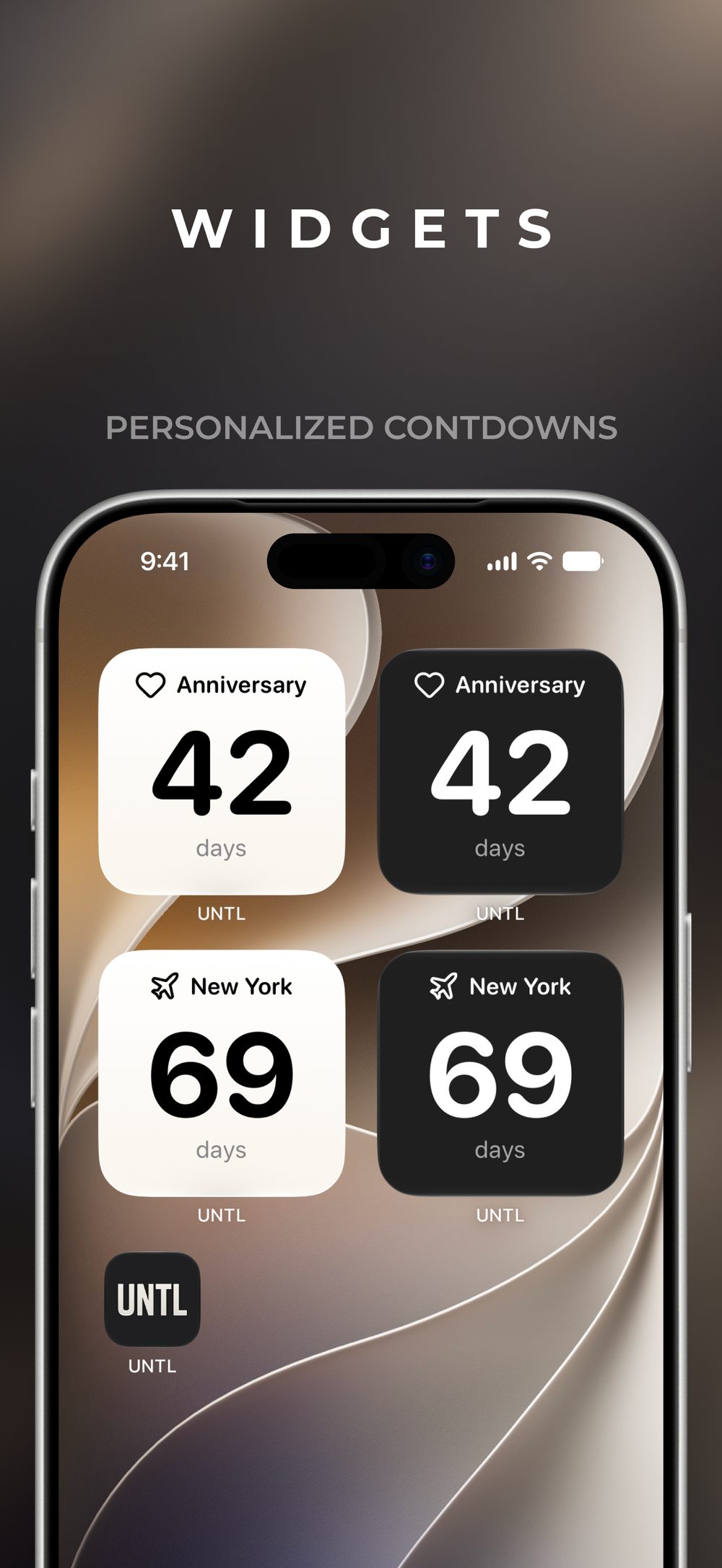 Home Screen widgets in day and night, each showing an anniversary in 42 days or New York in 69 days.